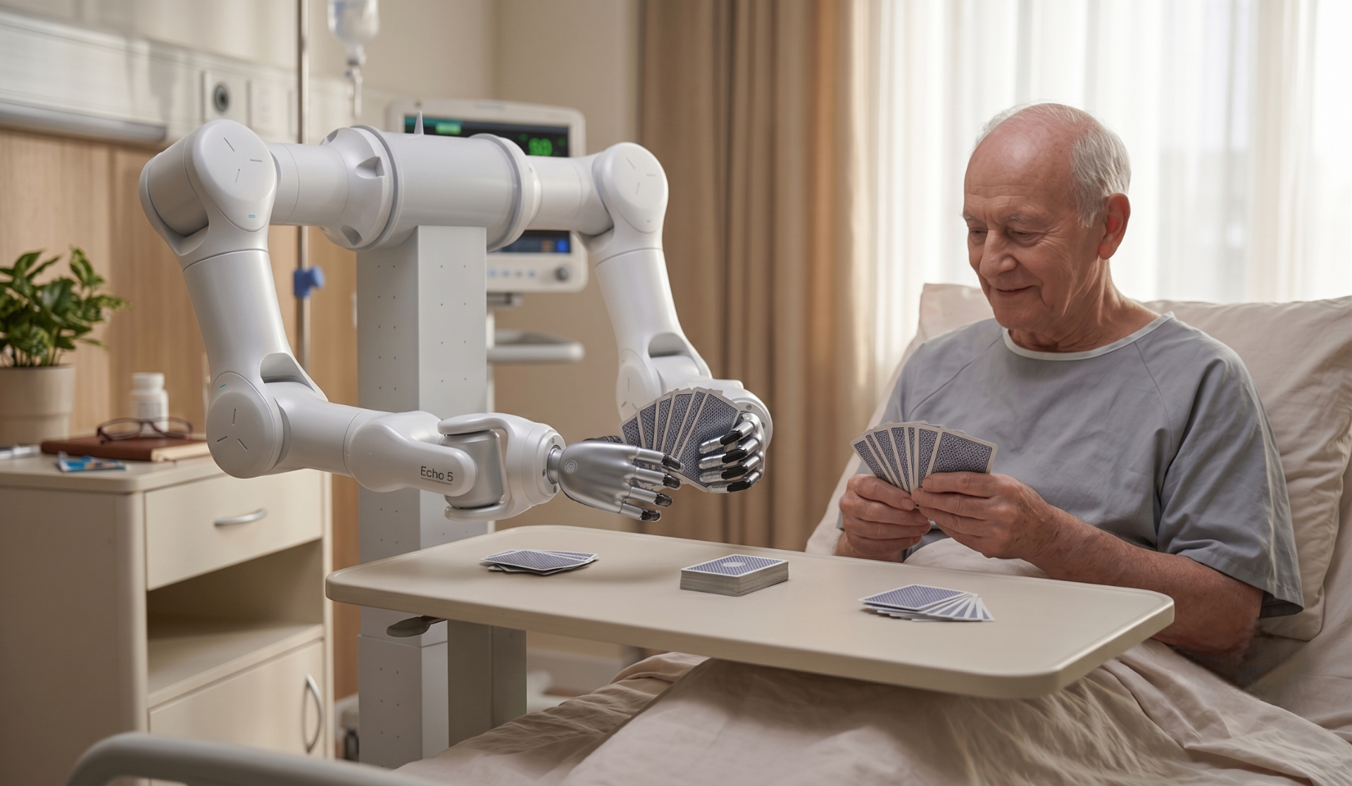 SMERT Humanoid cobot playing cards with an elderly patient in a care setting