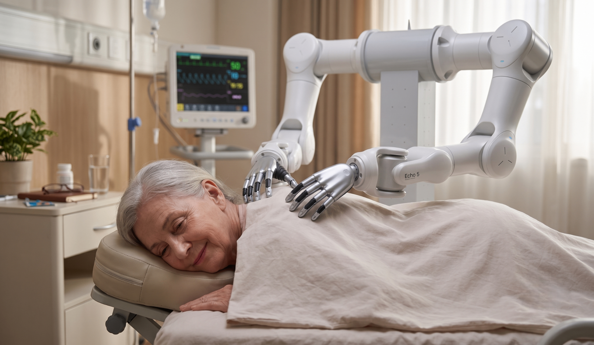 SMERT Humanoid cobot performing a gentle massage on an elderly patient