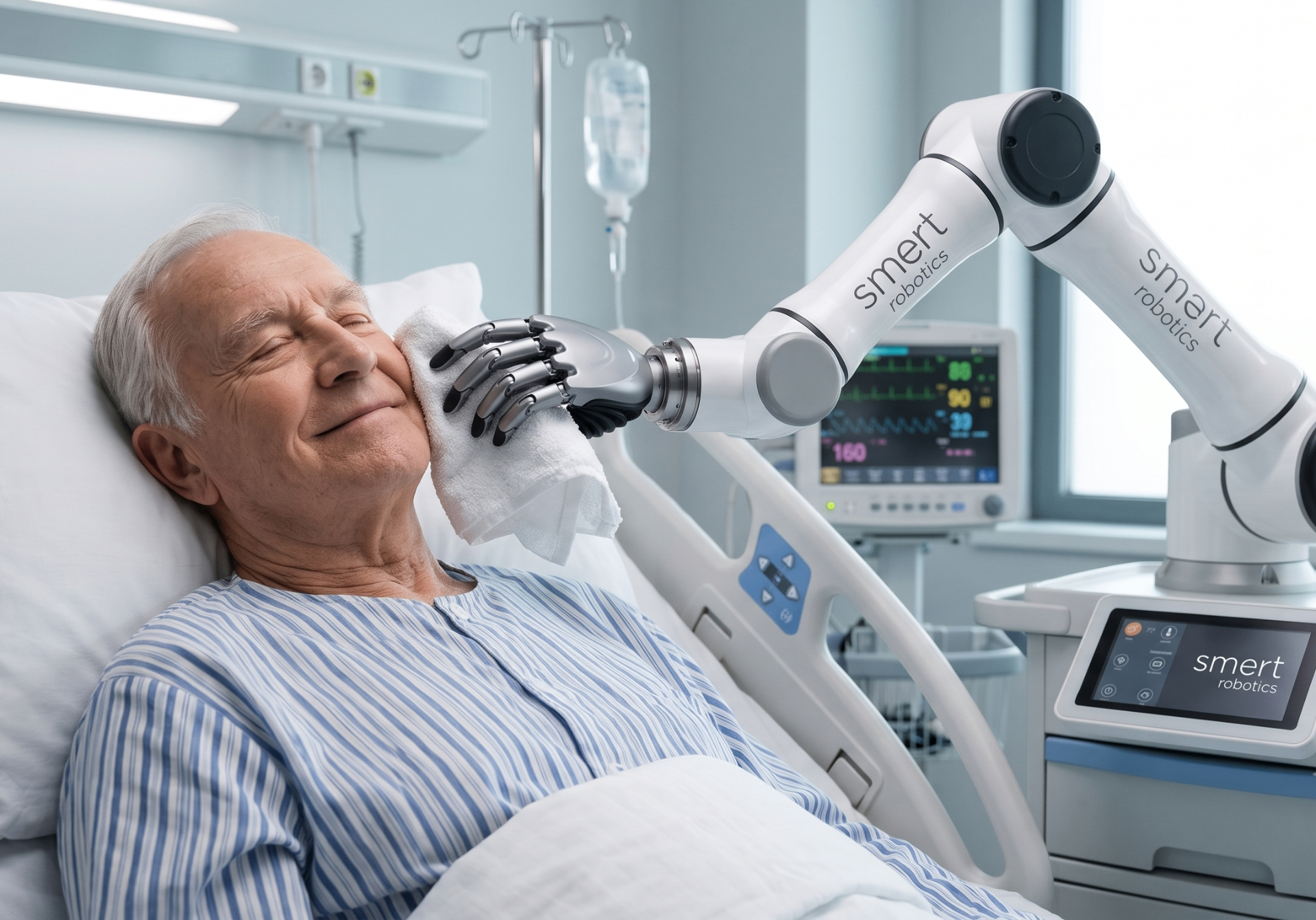 SMERT Special Needs Cobot with Bionic Hand gently assisting an elderly patient