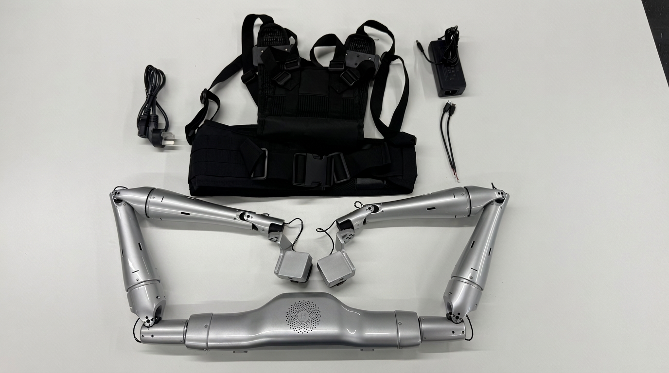 Linker TA teleoperation arm pair and wearable kit photographed at the SMERT Academy lab