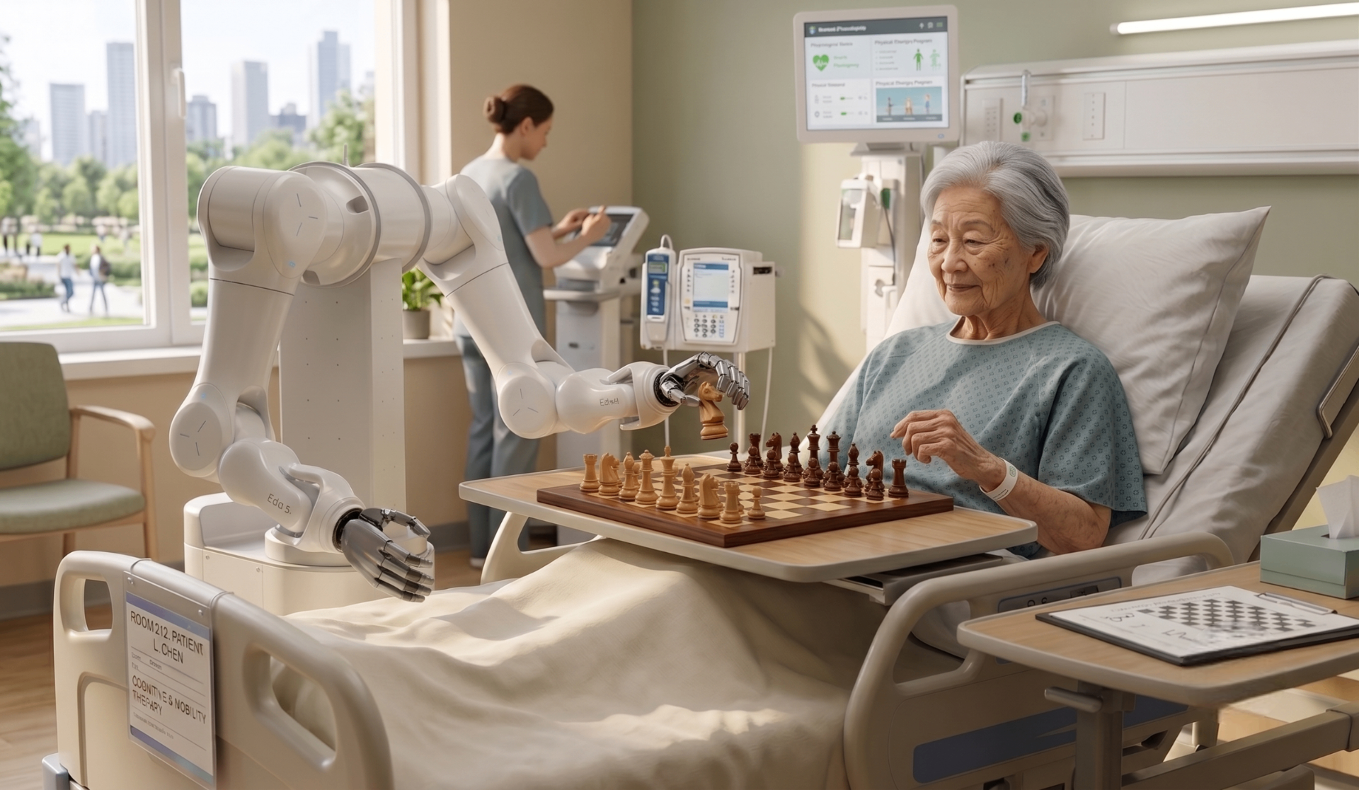 SMERT Cobot playing chess with an elderly patient in a hospital room