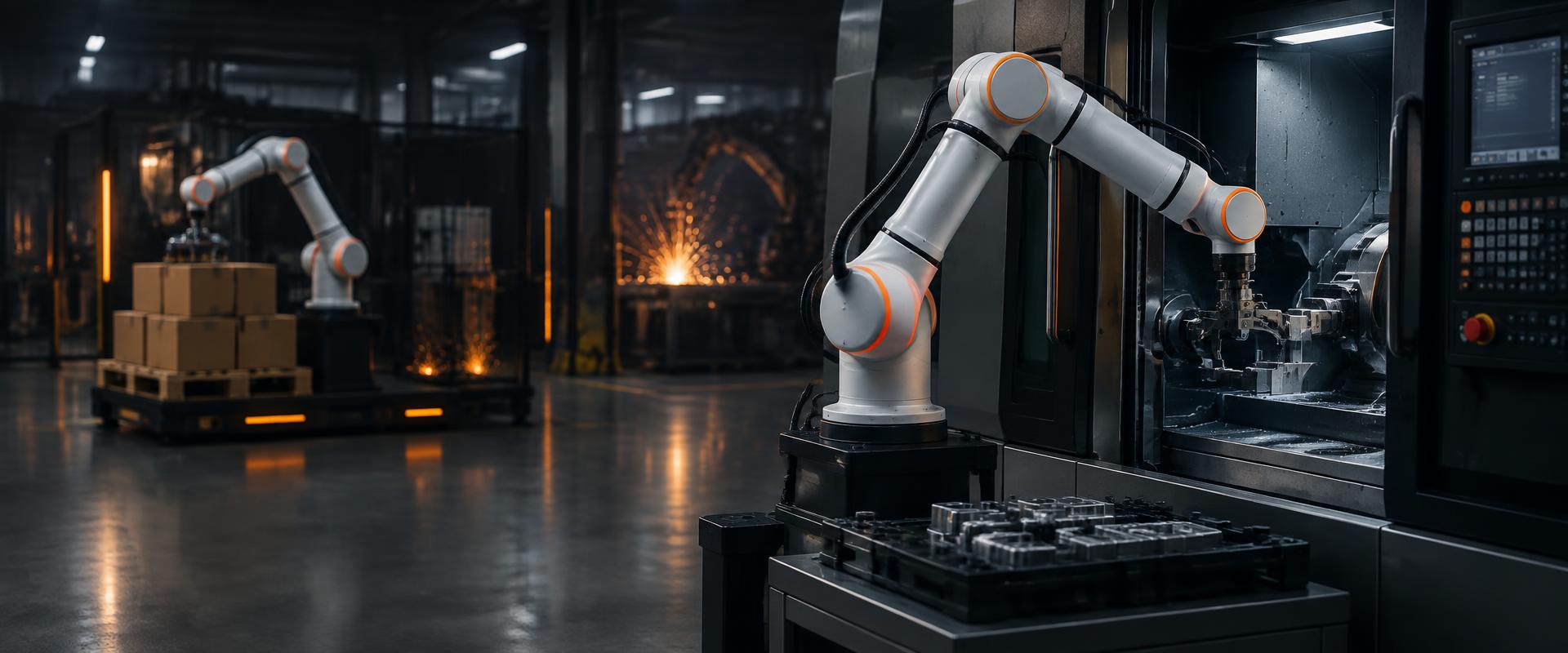 SMERT Cobots tending a CNC machine and palletizing in a dark workshop