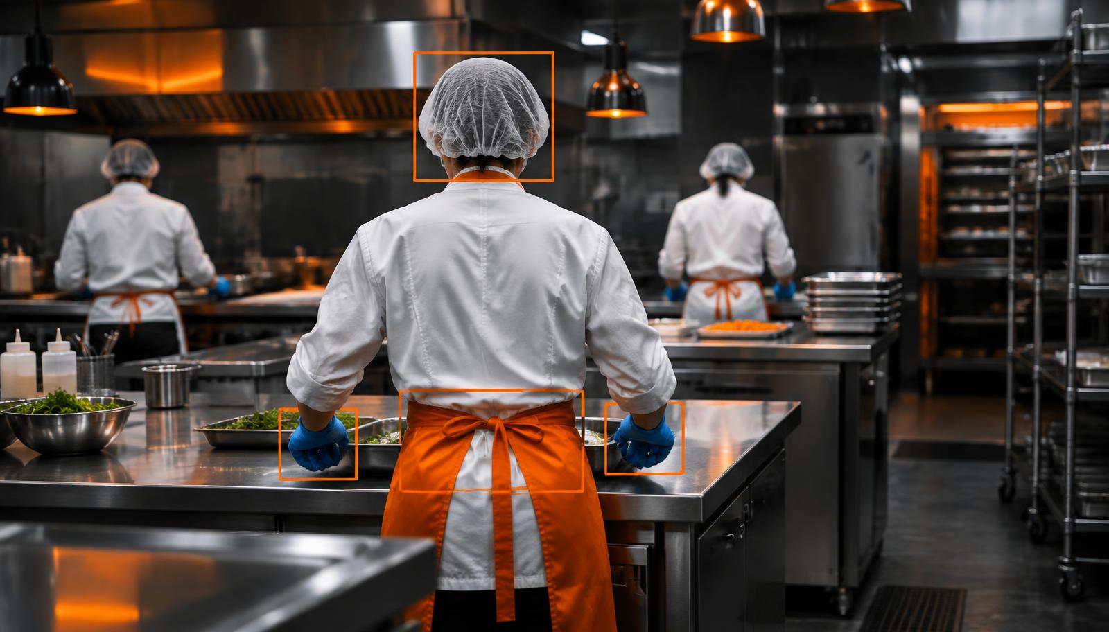 Central kitchen staff with AI detection boxes on hairnet, gloves and apron