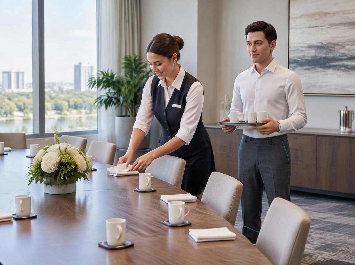 AI-generated illustration of a human-skinned android carrying a tray beside a hotel employee preparing a meeting room