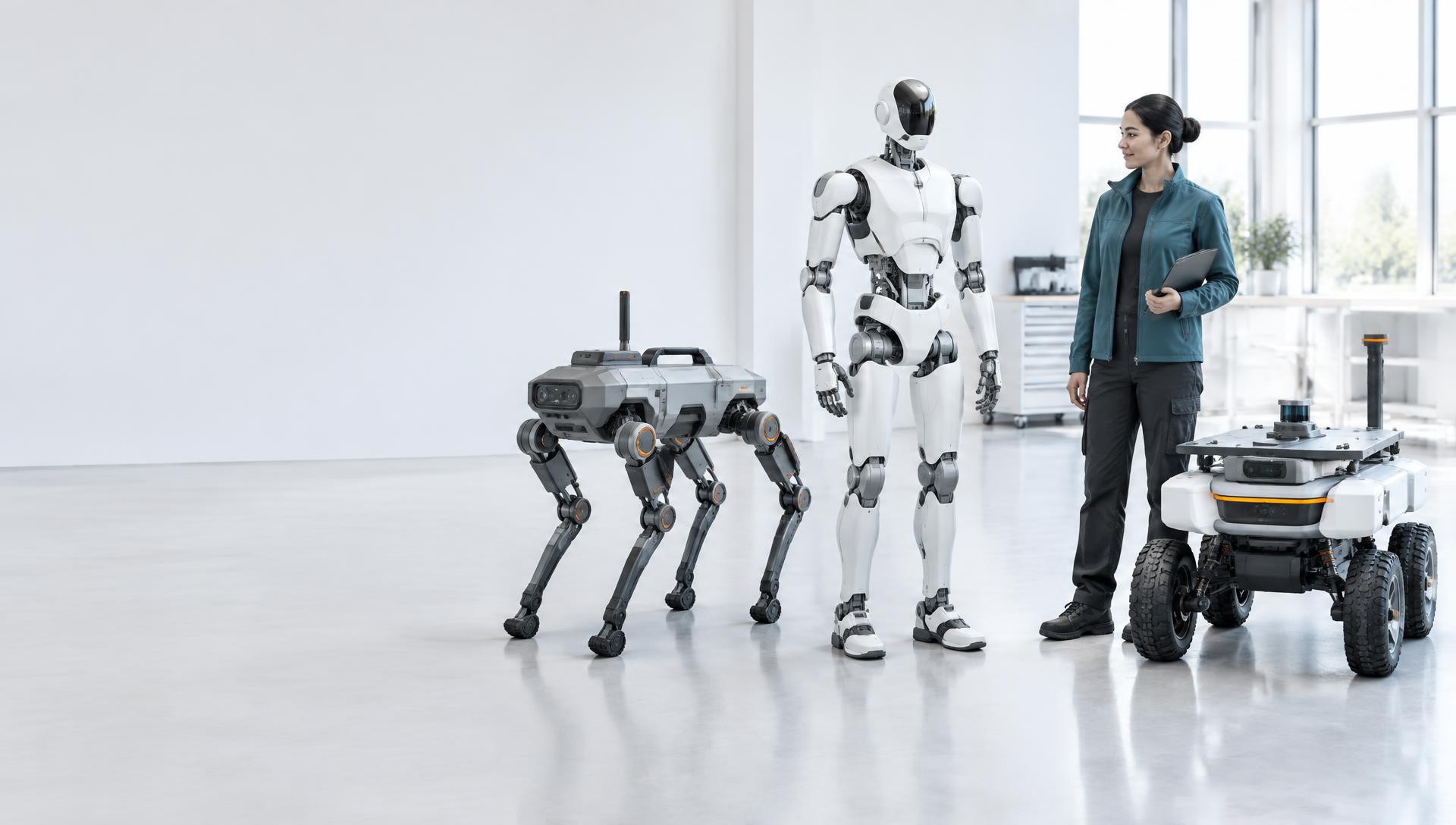 Concept illustration of a humanoid, quadruped and mobile system in an engineering workspace