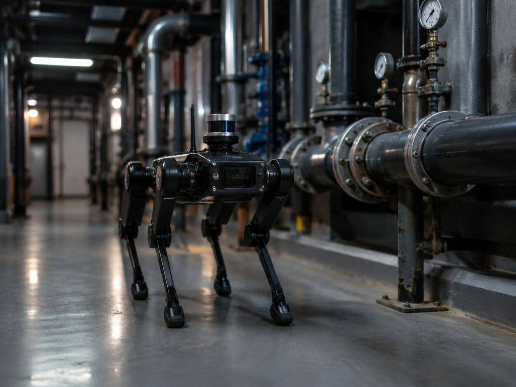 Four-legged inspection robot walking through an industrial facility