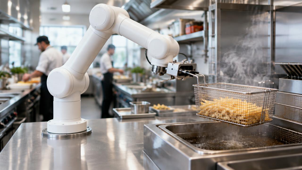 A cobot arm handling a fry basket at a commercial kitchen fry station