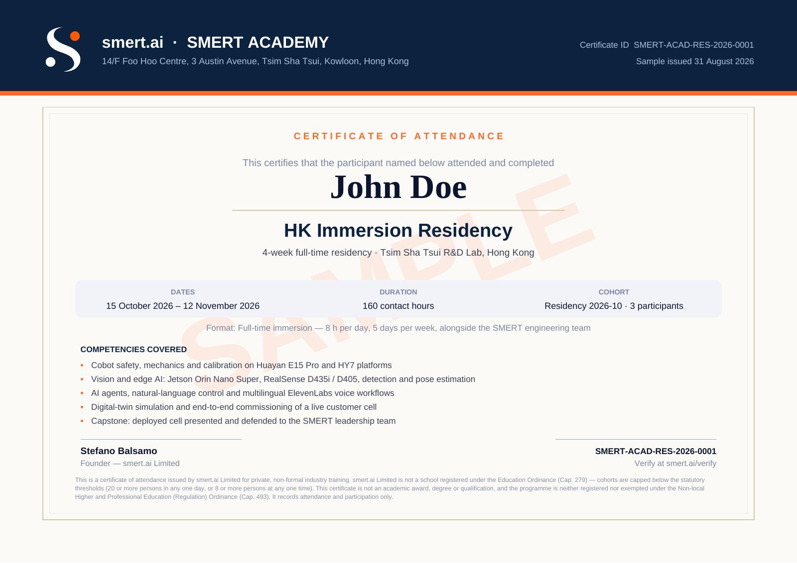 Sample SMERT Academy certificate of attendance for the HK Immersion Residency, issued to a placeholder participant name